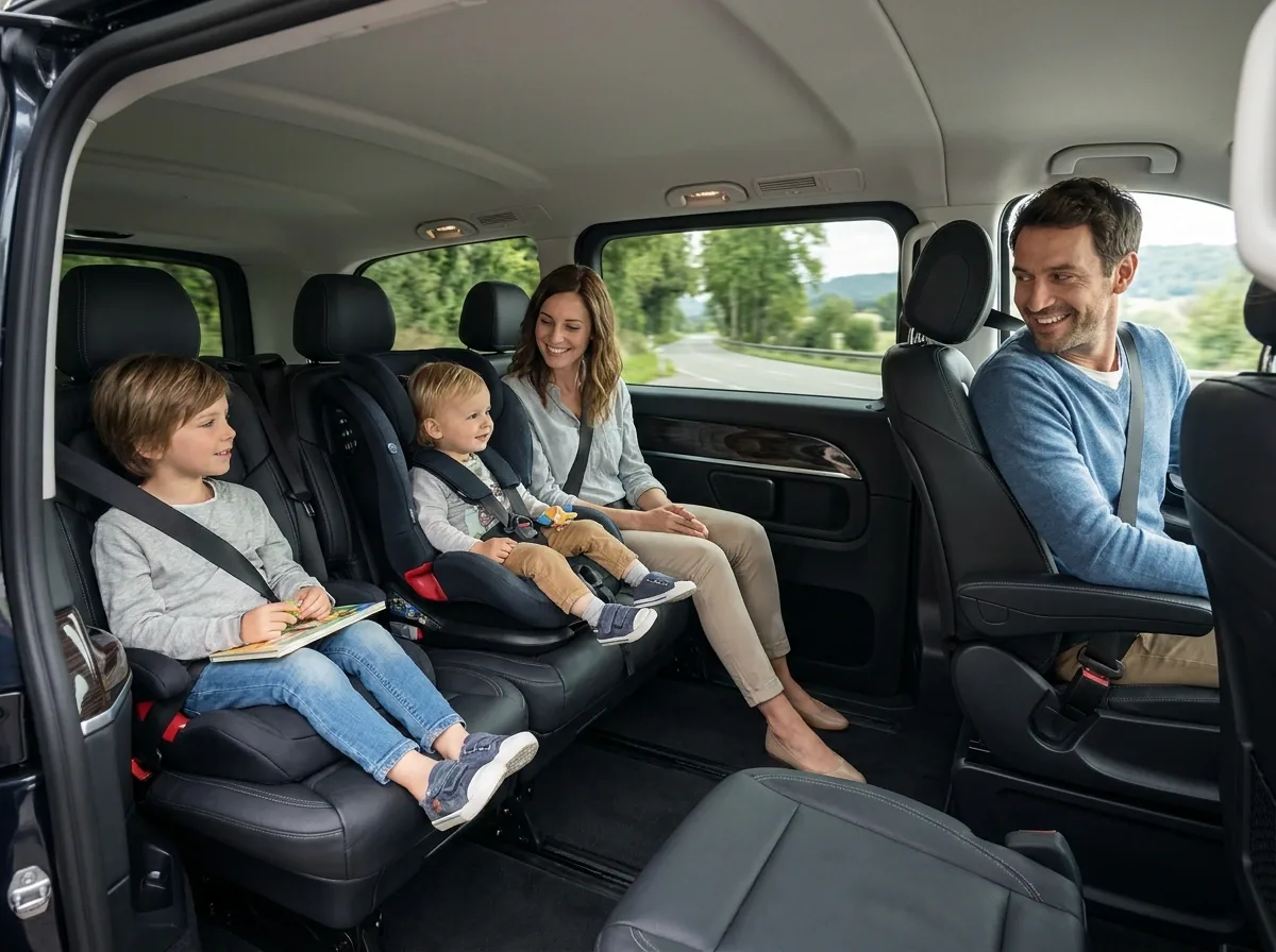 Zwei Kinder in Kindersitzen im Fond eines Vans, daneben die Mutter, gegenüber der Vater
