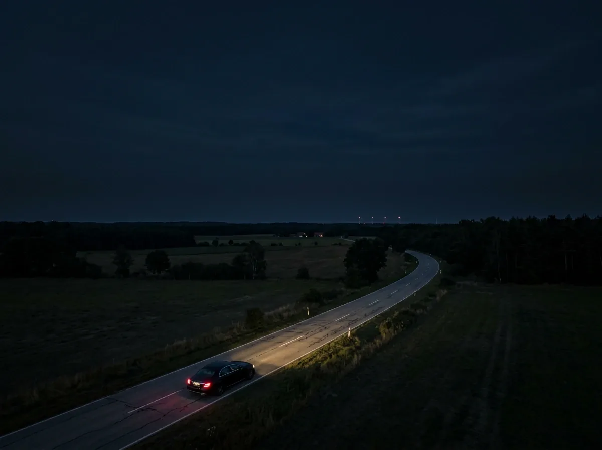 Limousine mit eingeschalteten Scheinwerfern auf einer Landstraße zwischen Feldern bei Nacht, von oben gesehen