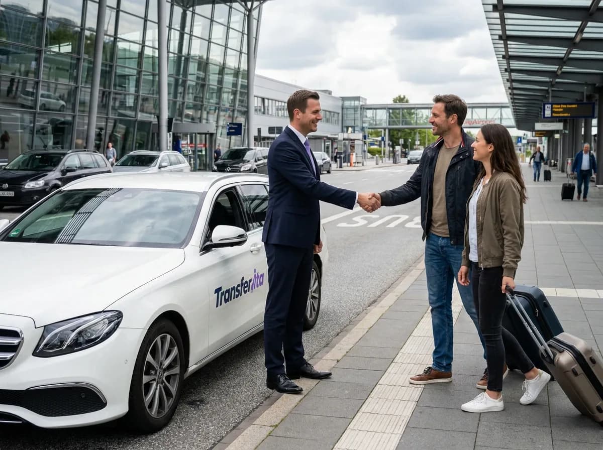 Fahrer im Anzug begrüßt ein Paar mit Koffern per Handschlag neben einem weißen Wagen mit Transferita-Schriftzug vor einem Flughafengebäude