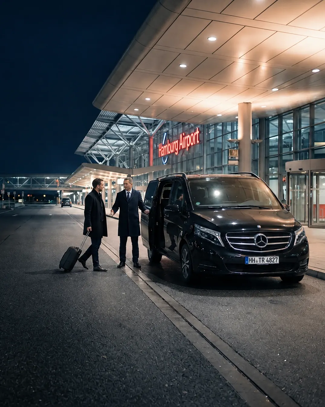 Fahrer neben einem schwarzen Van vor dem beleuchteten Terminal mit dem Schriftzug Hamburg Airport bei Nacht, daneben ein Fahrgast mit Rollkoffer
