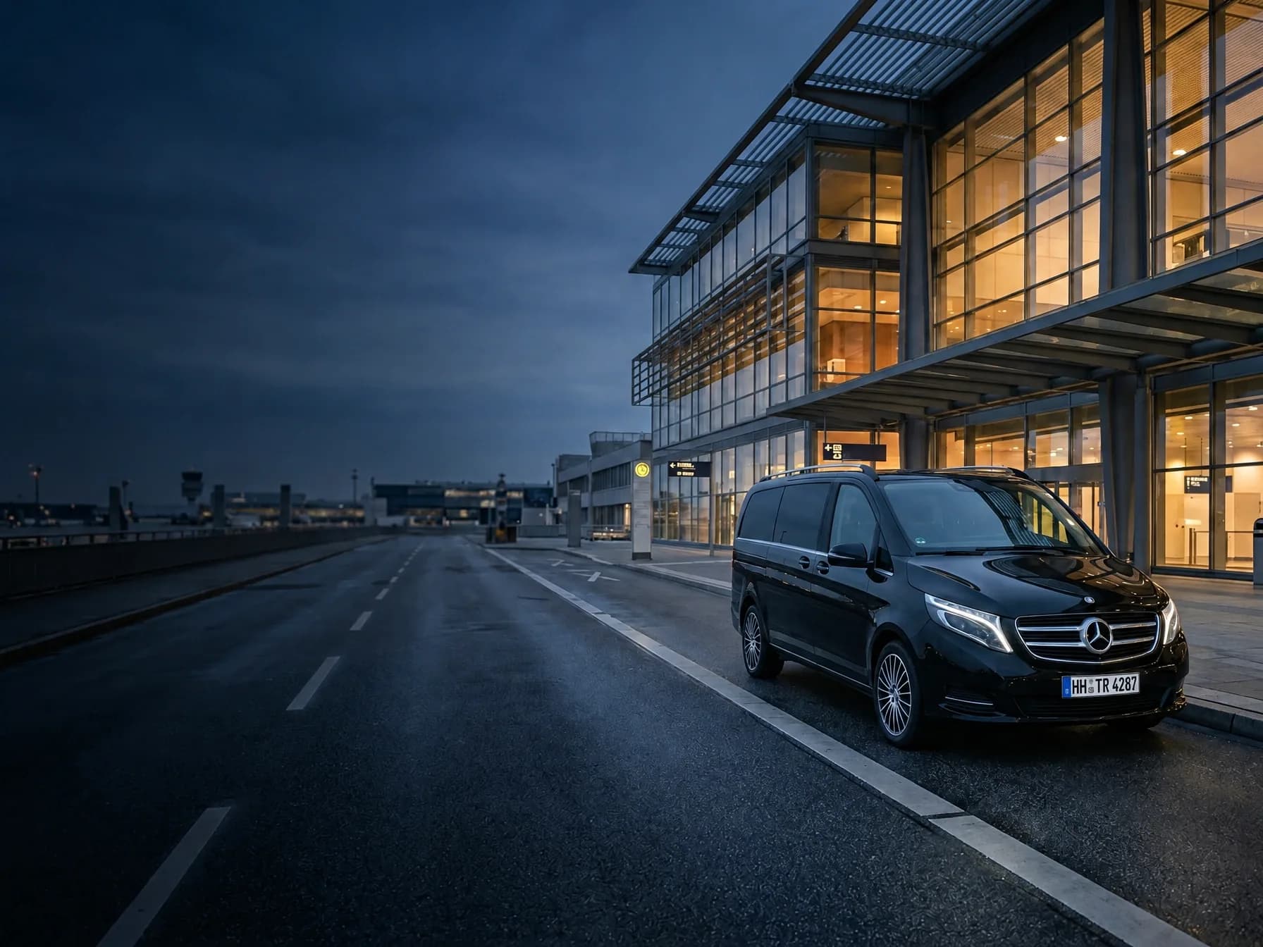 Schwarzer Van in der Vorfahrt eines beleuchteten Terminals in der Abenddämmerung
