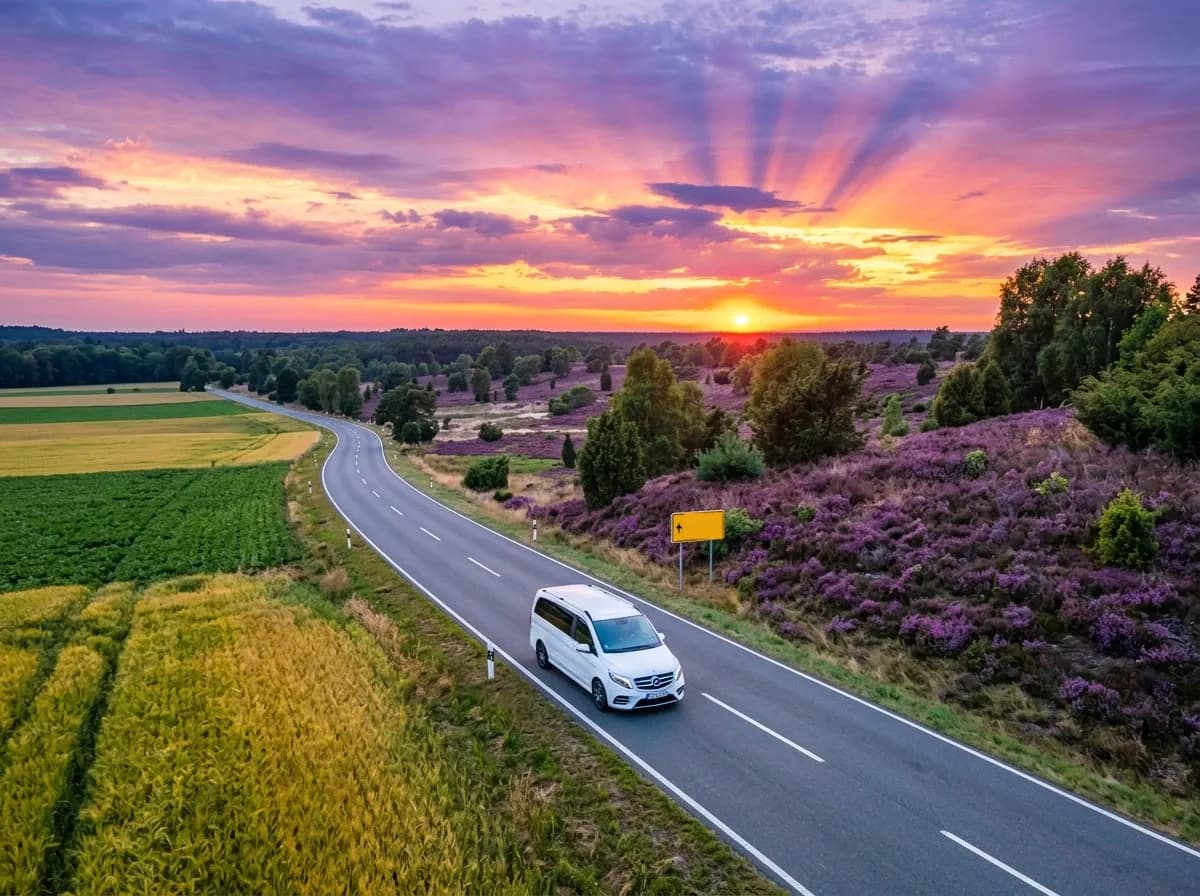 Weißer Van auf einer kurvigen Landstraße durch die blühende Heide bei Sonnenuntergang, daneben Felder und Kiefern
