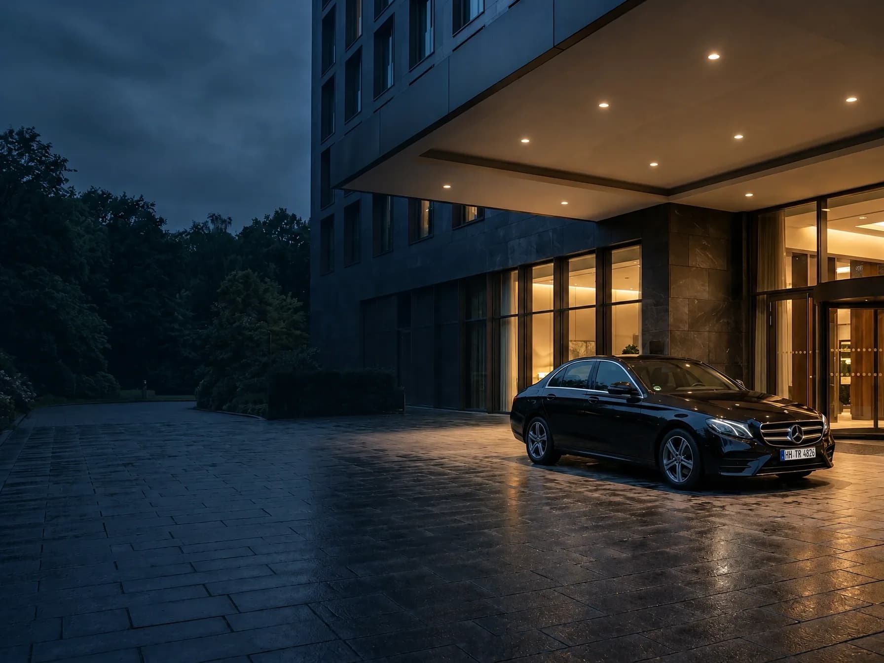 Hotelvorfahrt am Abend mit schwarzer Limousine vor dem erleuchteten Eingang