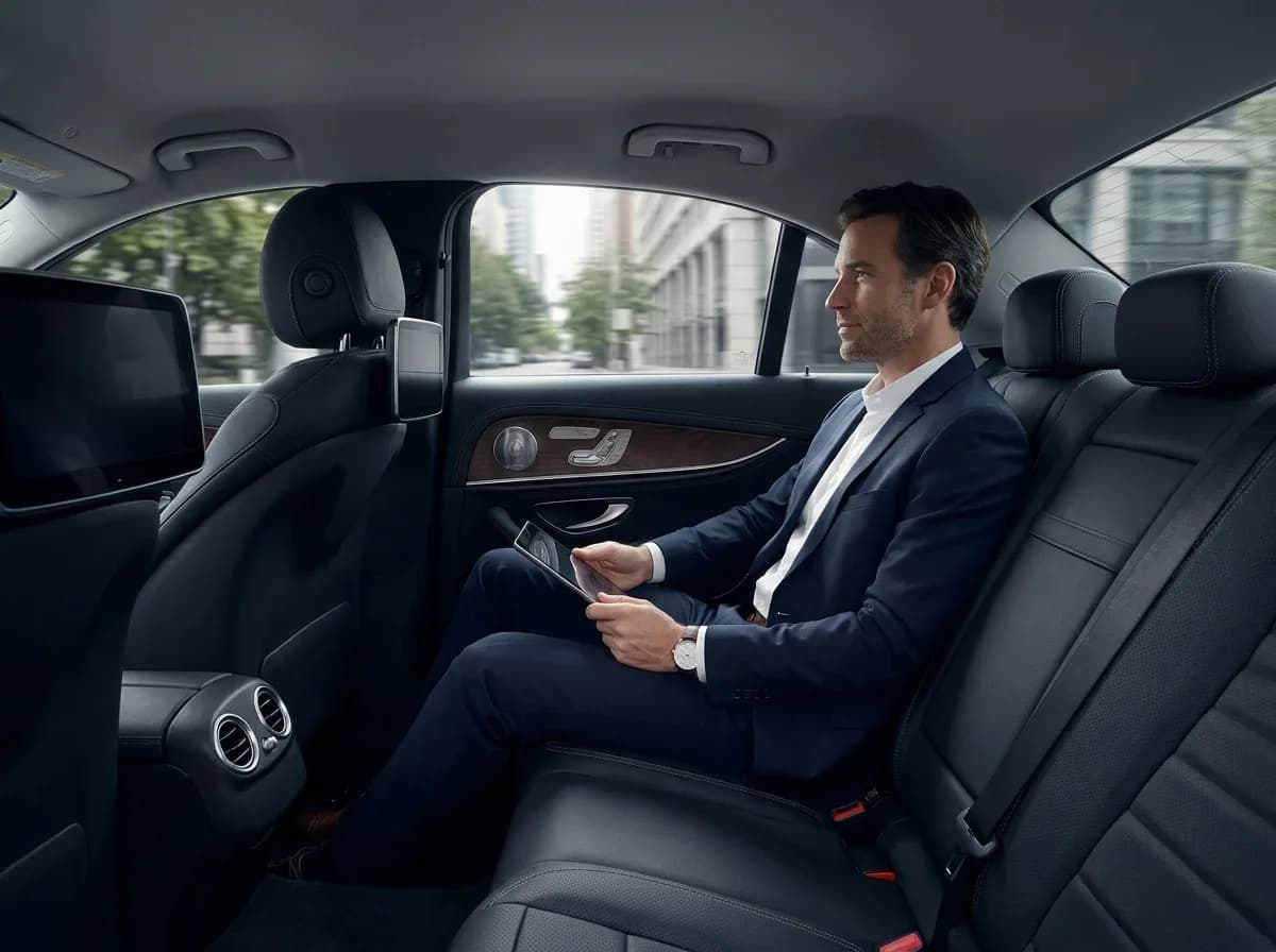 Fahrgast im Anzug mit Tablet im Fond einer Limousine mit Lederpolstern, draußen die Häuser einer Stadt
