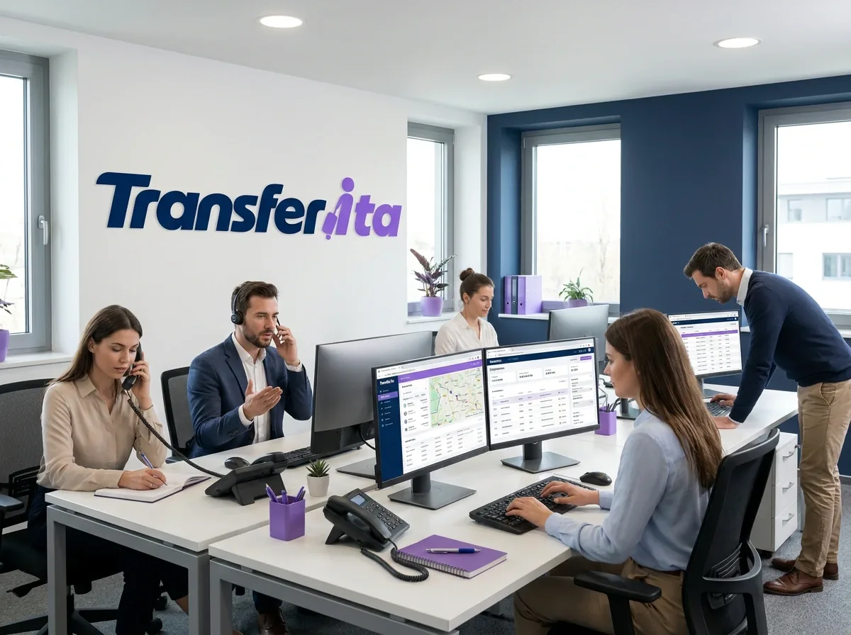 Büro mit Transferita-Schriftzug an der Wand, Mitarbeitende an Schreibtischen mit Bildschirmen und Telefonen