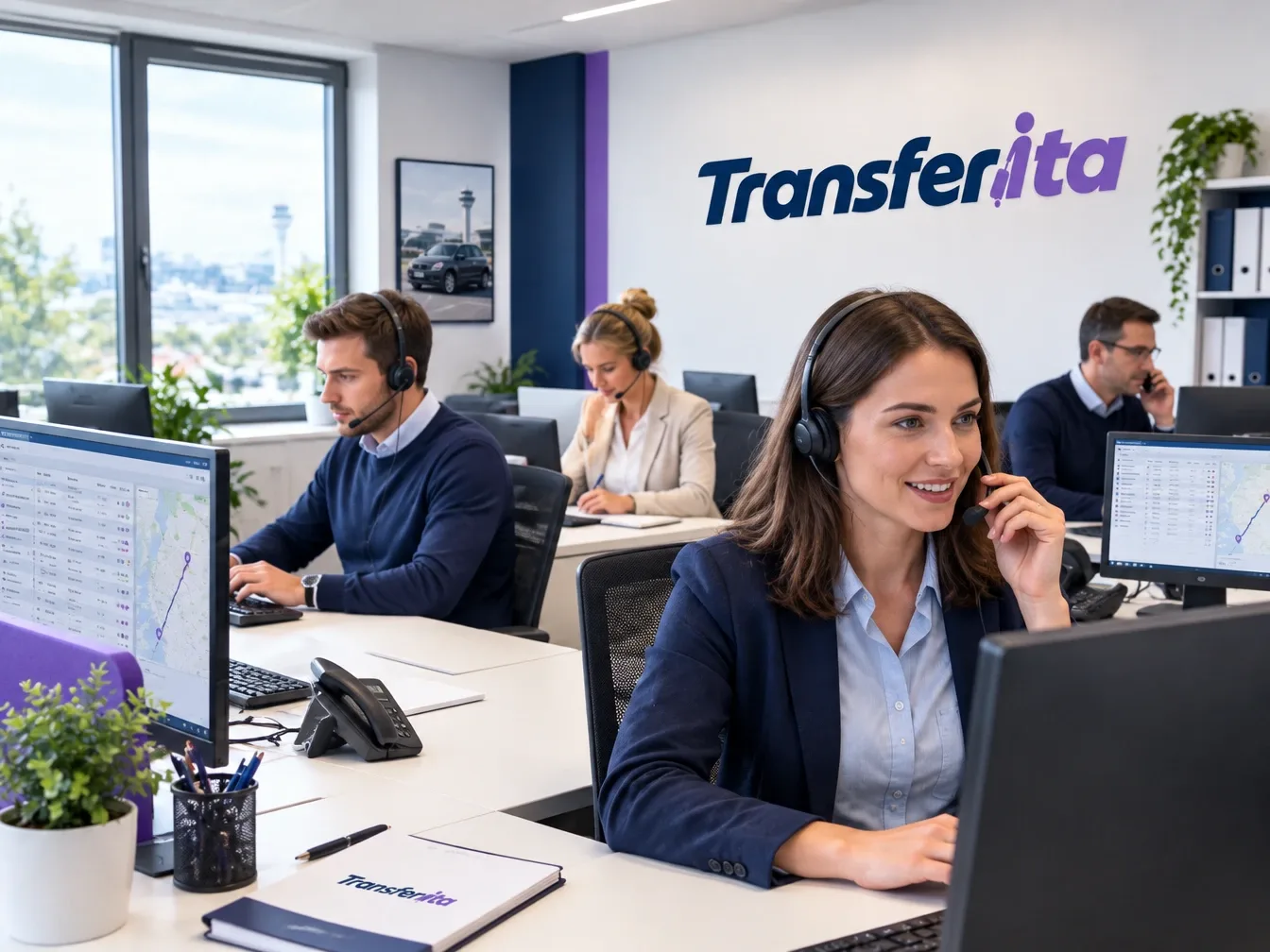 Disponentin mit Headset an ihrem Arbeitsplatz in der Transferita-Zentrale, dahinter Kolleginnen und Kollegen an Bildschirmen mit Karten und das Transferita-Logo an der Wand